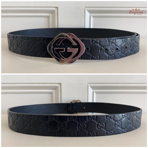 Authentic Gucci Black Monogram Leather Silver Interlocking Square G Belt 100/40 - Picture 5 of 13